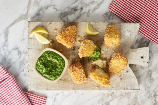 Fried le rustique camembert pieces and nettle pesto